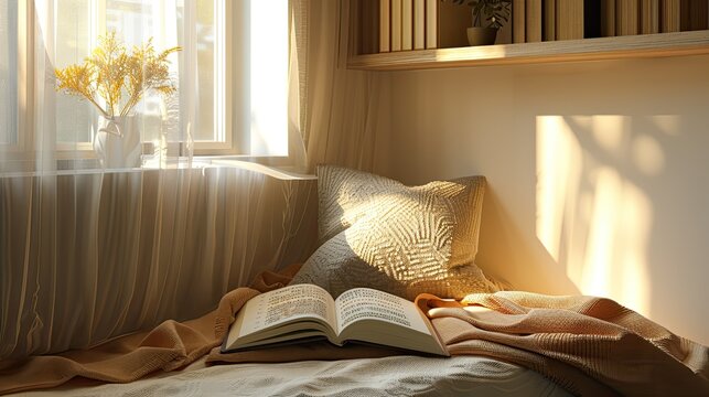 A Cozy Reading Nook, With Sunlight Streaming Onto Highlighted Quotes In A Book, Evoking A Sense Of Introspection And Inspiration.