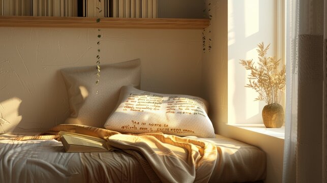 a cozy reading nook, with sunlight streaming onto highlighted quotes in a book, evoking a sense of introspection and inspiration.