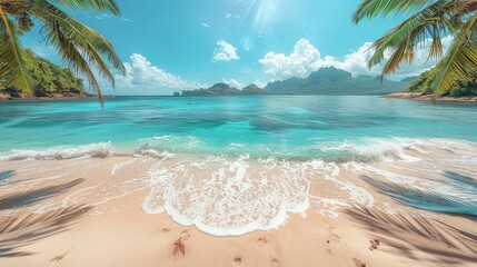 Beautiful tropical beach with palm trees and turquoise sea water on a sunny day, Seychelles. Honey colored sand. Beautiful seascape background for a summer vacation concept or travel advertising