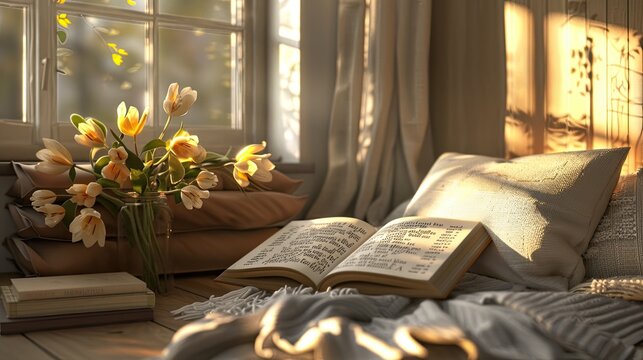 a cozy reading nook, with sunlight streaming onto highlighted quotes in a book, evoking a sense of introspection and inspiration.