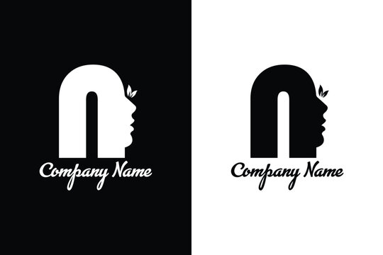 N letter natural beauty logo design with woman face and leaves, applicable for saloon, spa, cosmetic, makeup artist, fashion, natural product, health industry. illustration of a silhouette of a women.