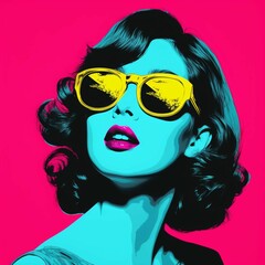 AI generated illustration of a female with dark hair wearing yellow sunglasses in retro style