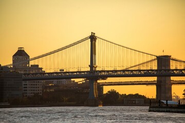 Beautiful view of the Manhattan bridge at sunset in New York City, United States.