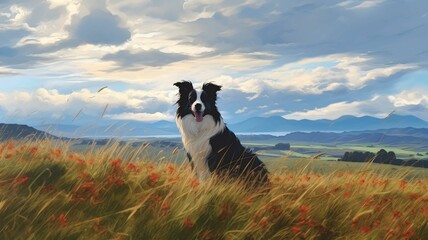 AI generated illustration of an oil painting of a  dog standing atop a lush green grassy hill