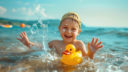 Happy child having fun on summer vacation. Kid playing with rubber duck and ball in the sea. - obrazy, fototapety, plakaty