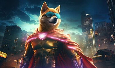 AI generated illustration of a dog in superhero outfit in neon lights - obrazy, fototapety, plakaty