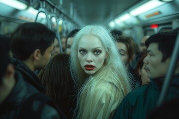 Woman on a crowded subway looking at the camera intensely, AI-generated.