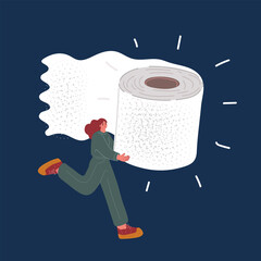 Cartoon vector illustration of woman with toilet paper roll over dark background