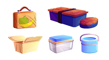 Empty close and open lunchbox for school or office dinner. Cartoon vector illustration set of plastic, glass and wooden box for food for lunch break. Childish eco bento package. Container for meal.