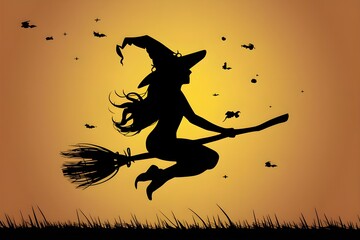 Silhouette of a witch flying on magical broom, witch flying on broom