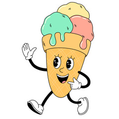 Groovy ice cream characters in retro cartoon style. Fast food dessert mascot vector illustration. Nostalgia 60s, 70s, 80s. Vector illustration trendy vintage style