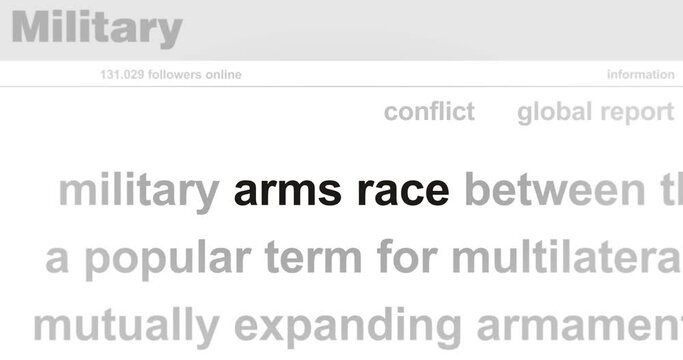 Arms race and military armaments conflict headline news across international media. Abstract concept of internet news titles on screens loop. Seamless and looped animation.