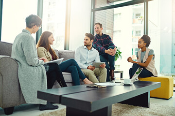 Business people, modern office and creative project with planning, teamwork and cooperation with...