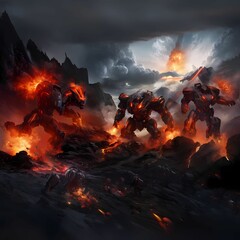 AI generated illustration of robotic mechs engaged in a dynamic battle on a mountainous landscape - obrazy, fototapety, plakaty