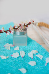 jar of cream and blooming spring apricot branches - 780419941