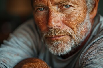 AI generated illustration of an elderly man with a disheveled beard gazes earnestly at the camera - obrazy, fototapety, plakaty