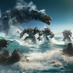 AI generated illustration of robotic mechs engaged in a thrilling battle in the vast ocean