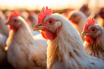 Fototapeta premium White chicken close up, outdoors, side view, profile, farm