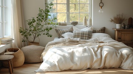 A corner of cozy bedroom or living room at home. Bedroom with window, bed, pillows, bookshelf. Very cute cozy interior design, romantic dim lighting, sun morning lighting. Browns and beiges colors