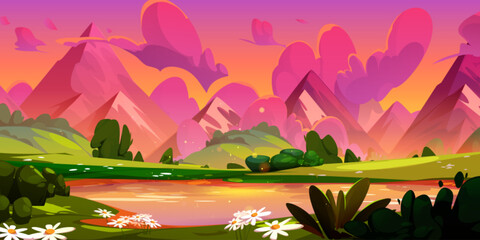 Mountain landscape with lake and daisy flowers on banks on sunset or sunrise. Pond or river near foot of high rocky hills with orange and pink gradient sky with clouds. Cartoon vector evening scenery. - obrazy, fototapety, plakaty