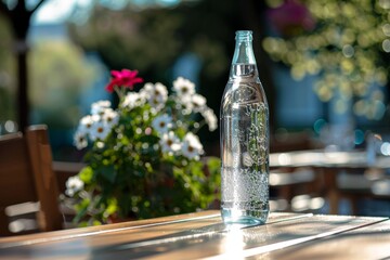 A glass bottle of sparkling mineral water on a table with flowers in the background. Sparkling Mineral Water Outdoor Setting