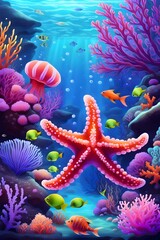 Fototapeta na wymiar AI generated illustration of an idyllic cartoon underwater scene with a variety of marine life