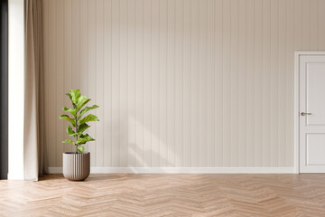 Fototapeta na wymiar Modern classic Interior wall mockup with indoor plant, wood floor, 3d illustration.