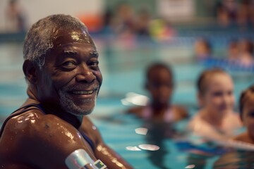 Senior black man with an artificial limb supervising children swimming, AI-generated. - obrazy, fototapety, plakaty