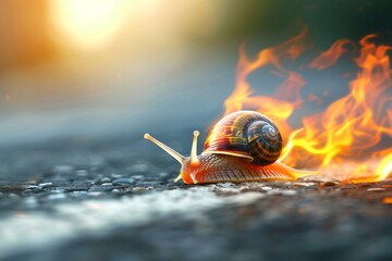 Whimsical depiction of a snail with wheels racing fast with flames behind - 780420548