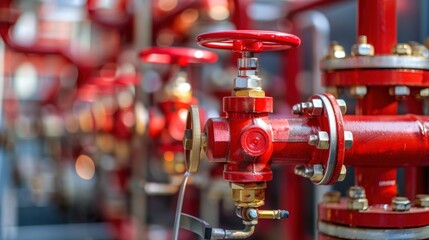 Fire sprinklers and red pipe are part of an overall safety protocol for fire and life safety. - obrazy, fototapety, plakaty