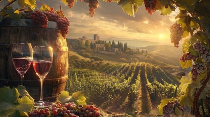 two glasses of wine atop a wooden barrel, accompanied by a bountiful bunch of grapes still attached to the vine, as the warm sun rays cast a golden hue over the picturesque landscape. - obrazy, fototapety, plakaty
