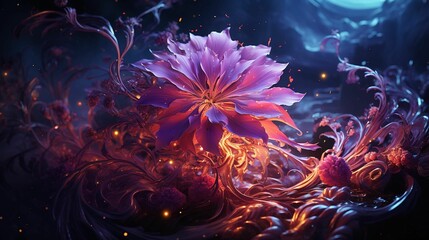 Obraz na płótnie Canvas Single purple magical flower in the dark, AI-generated.