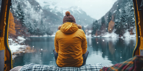 back of a lonely man traveler tourist sitting inside a camper van in nature by a lake in mountain in winter