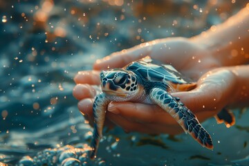 Young woman or girl holding a baby turtle hatchling ready for release into the open sea or ocean. Golden hour before sunset. World Turtle Day. Sea ocean water background