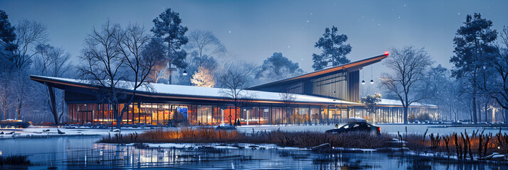 Snowy Winter Scene with Cozy Cottage in the Forest, Tranquil Nature Landscape at Dusk