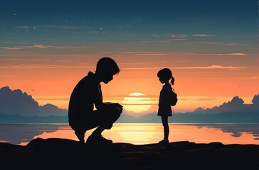 A boy and baby girl silhouette, lofi background, sunset lofi background 