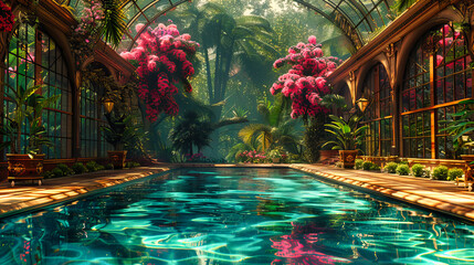 Luxurious Tropical Resort Pool, Serene Vacation Spot with Lush Palm Trees, Idyllic Holiday Getaway - obrazy, fototapety, plakaty