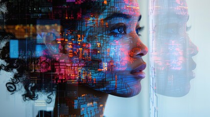 Tech-Inspired Woman with Circuit Graphics Overlay. Generative AI