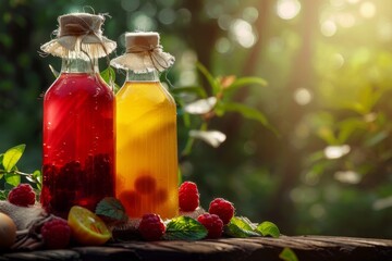 Two bottles of homemade fruit juice with raspberries and passion fruit in a garden. Homemade Raspberry and Passion Fruit Juice