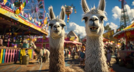 At a bustling fairground, a pair of llamas tries their luck at carnival games. Fairy tale illustration. 