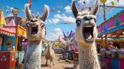At a bustling fairground, a pair of llamas tries their luck at carnival games. Fairy tale illustration.  - obrazy, fototapety, plakaty