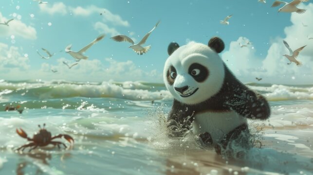 A beach scene unfolds with a panda attempting to surf, but ends up riding the waves backward. Fairy tale animal illustration. 