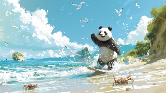 A beach scene unfolds with a panda attempting to surf, but ends up riding the waves backward. Fairy tale animal illustration. 