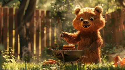 In a backyard barbecue, a clumsy bear cub attempts to master grilling. Fairy tale illustration.  - obrazy, fototapety, plakaty