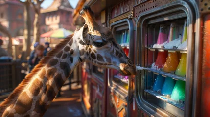 Gartenposter In a bustling zoo, a curious giraffe sticks its head into a sno-cone machine.  Animal fairy tale illustration.  © Dannchez