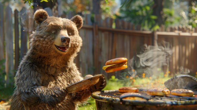 In a backyard barbecue, a clumsy bear cub attempts to master grilling. Fairy tale illustration. 