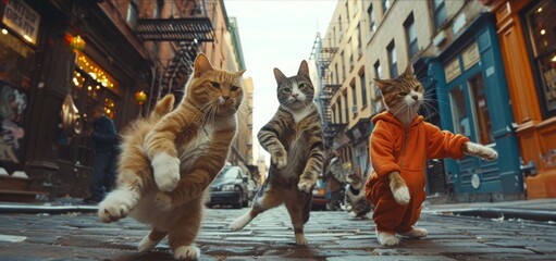 On a bustling city street, a trio of cats tries to form a hip-hop dance crew but ends up hilariously out of sync. Fairy tale illustration.  - obrazy, fototapety, plakaty