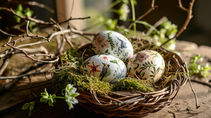 Obraz premium AI generated illustration of colorful Easter eggs in a nest beside green vines on a windowsill