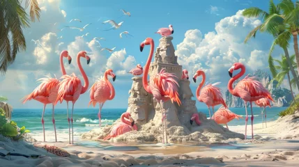 Fotobehang On a tropical island, a group of flamingos tries to build a sandcastle. Fairy tale illustration.  © Dannchez
