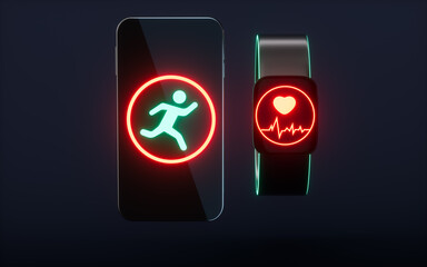 Cartoon mobile phone and fitness wristband, 3d rendering.